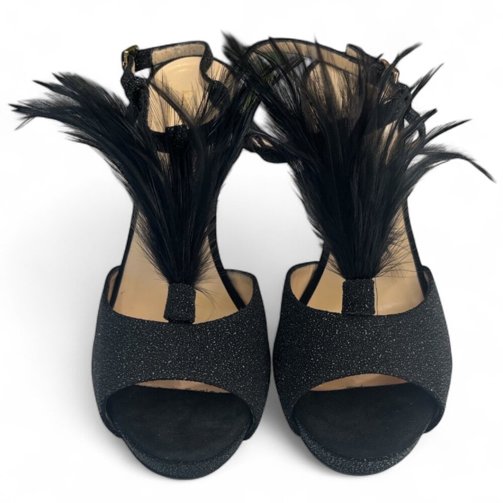 Kate Spade Black Glitter Feather Accent Heels Slingback Sandals Size 7